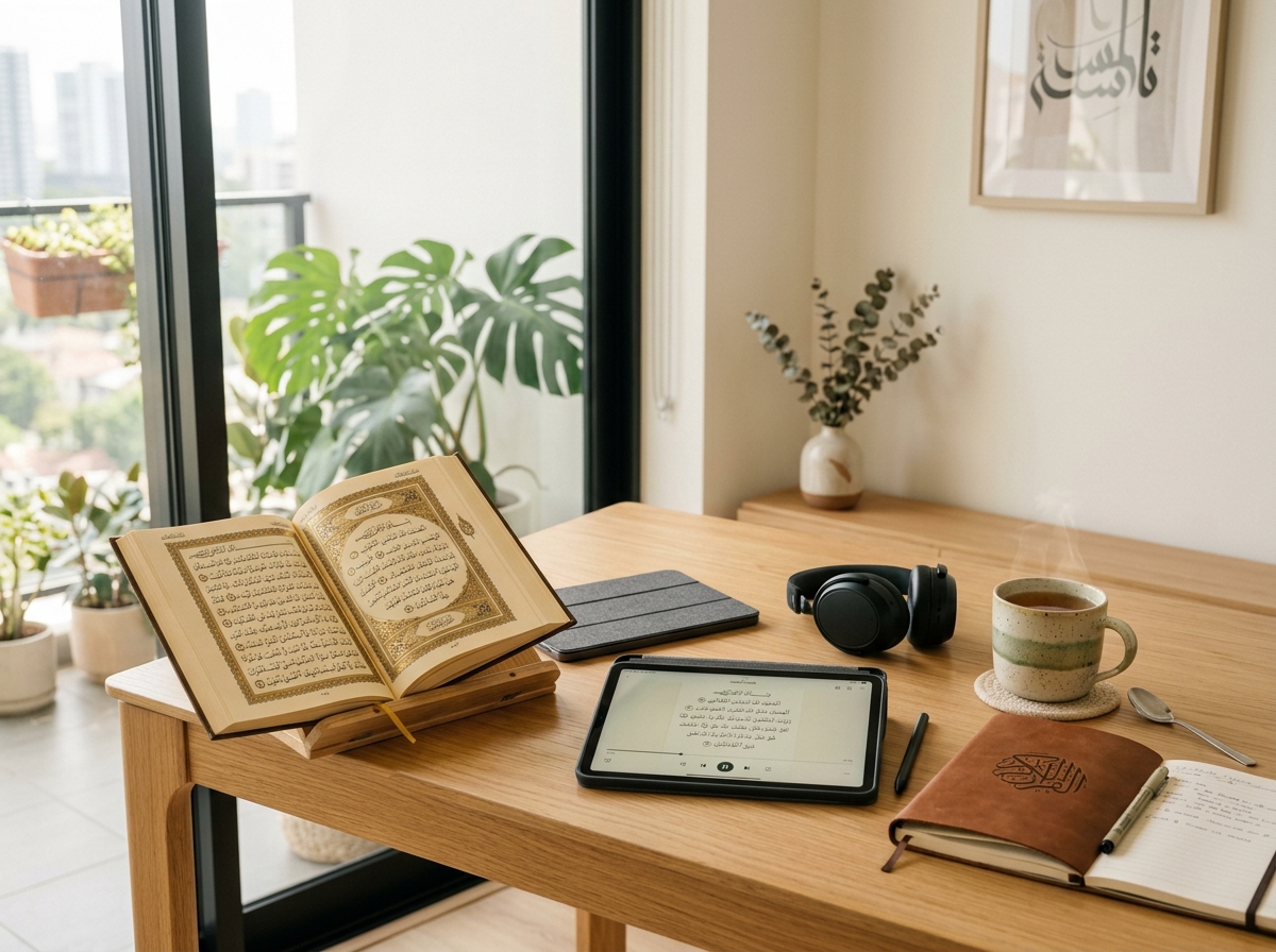 Modern online Quran study desk with open Holy Quran and tablet