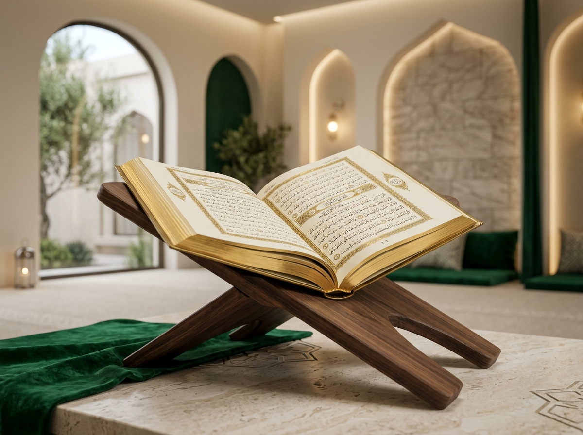 Open Holy Quran on a beautifully lit wooden stand